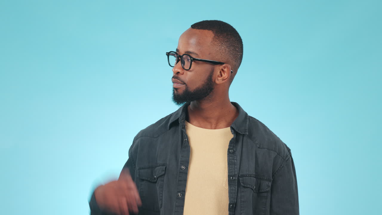 Option, balance and face of black man in a studio