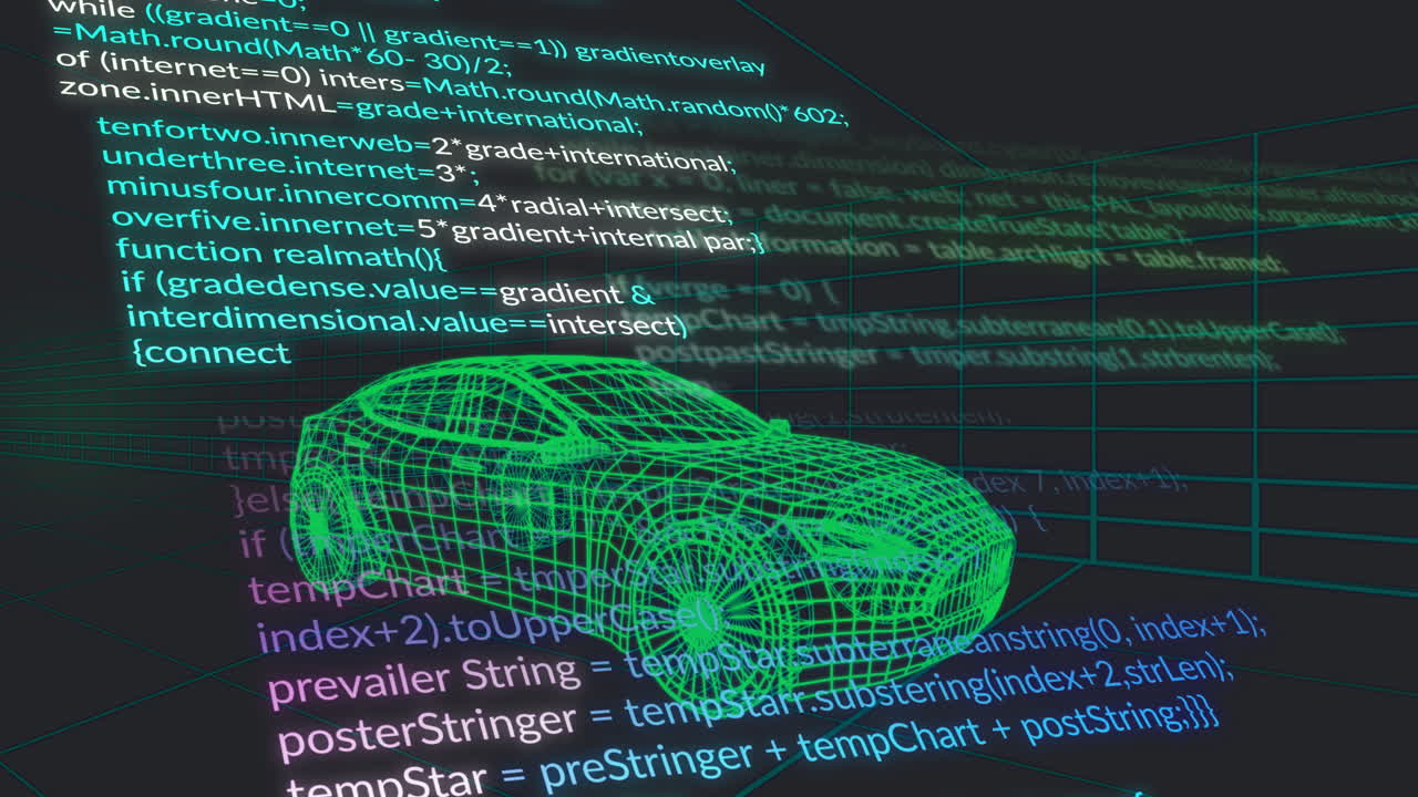 Neon green wireframe car model being visualized in digital CAD space, surrounded by floating code