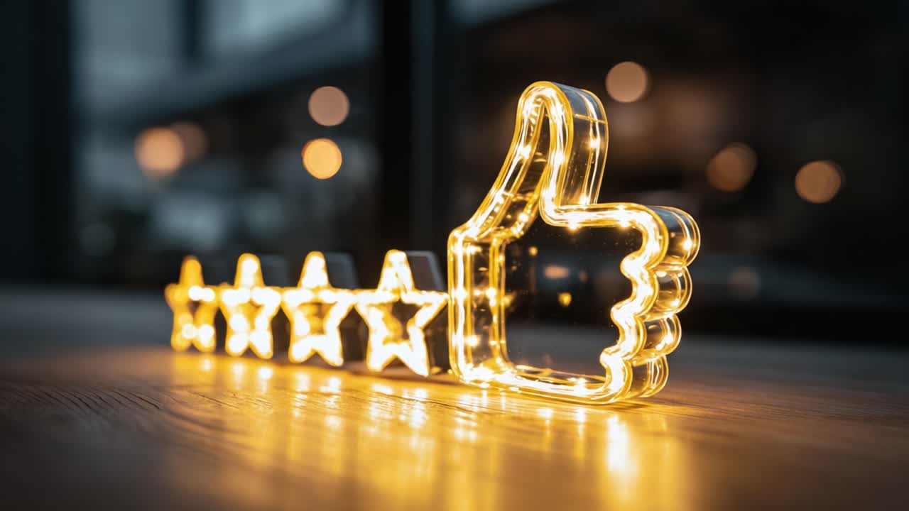 A captivating display of illuminated decorations featuring a glowing thumbs-up symbol alongside radiating stars, perfect for highlighting positivity and appreciation