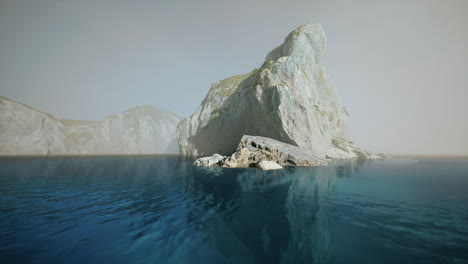 misty morning view of a rocky outcrop along the tranquil waters of spain