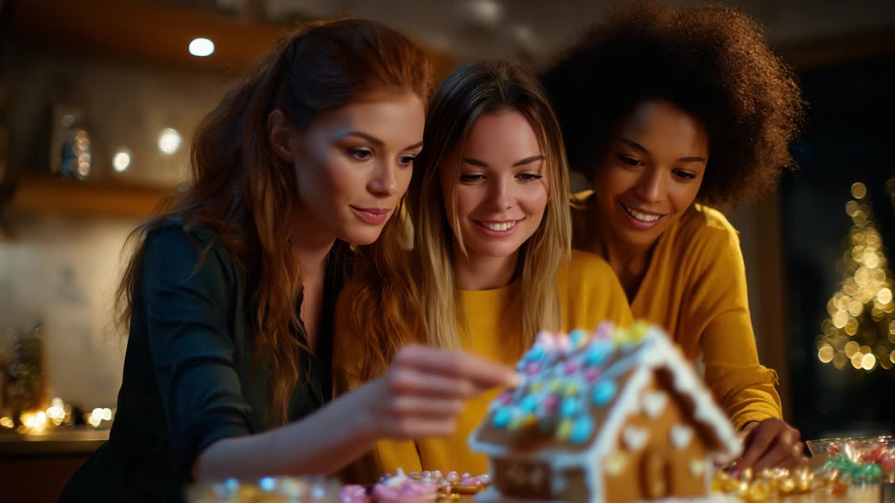 Joyful Celebration of Friendship and Creativity as Three Women Decorate a Gingerbread House Together in a Warm, Festive Atmosphere Surrounded by Cheerful Holiday Lights and Cozy Decorations