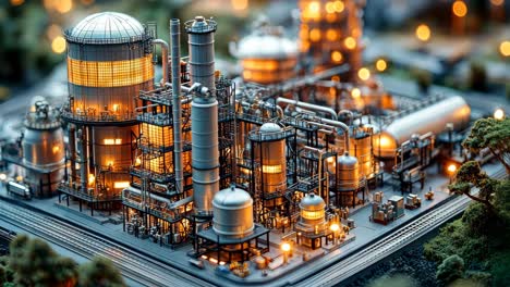 detailed industrial complex at night illuminated by warm lights