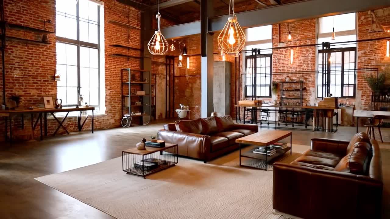 Stylish Loft Living Room with Leather Sofas and Brick Walls
