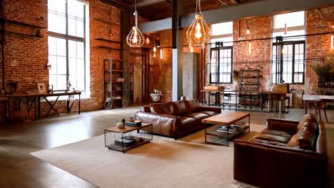 stylish loft living room with leather sofas and brick walls