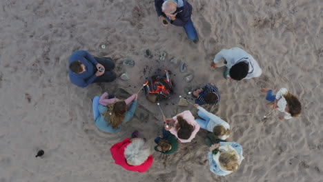 drone shot of multi-generation family toasting marshmallows around fire on winter beach vacation