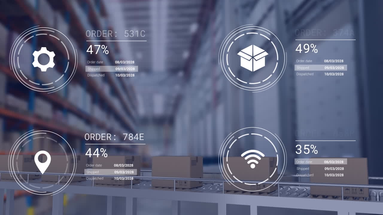 animación de iconos con procesamiento de datos sobre cinta transportadora en el almacén
