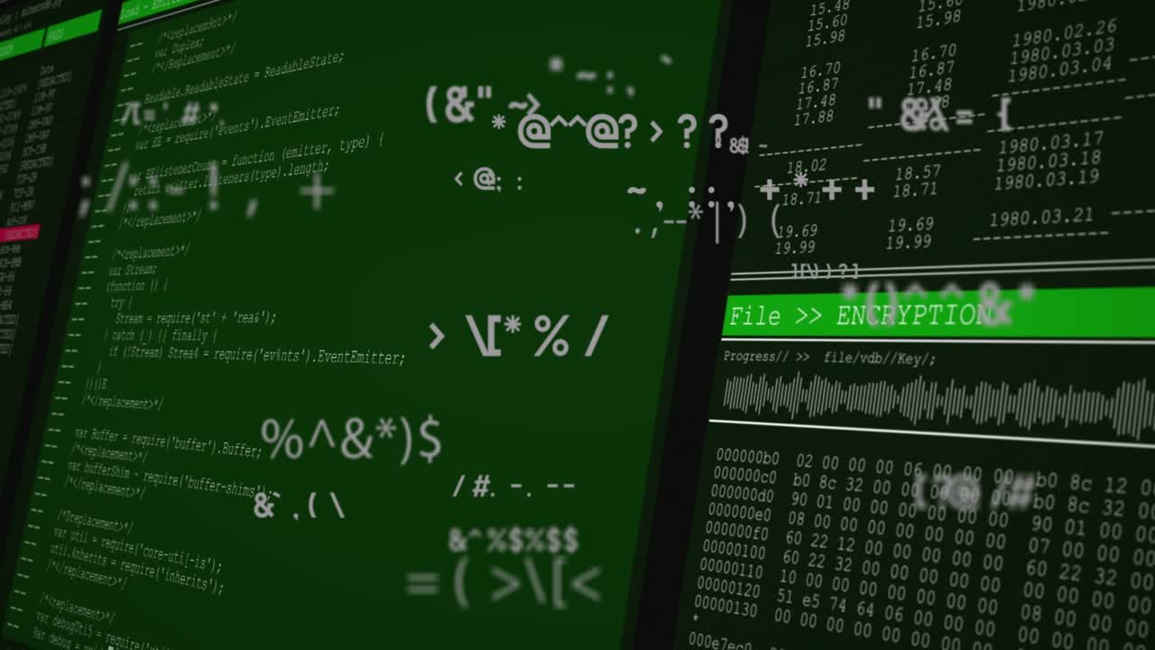 Green monitor array showing file encryption starting, floating glyphs blurring hex dump