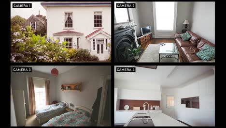 composite of views from four security cameras in different rooms and front exterior of family home