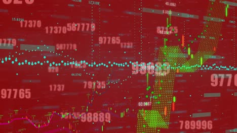 Animation-of-numbers-and-financial-data-processing-over-red-background