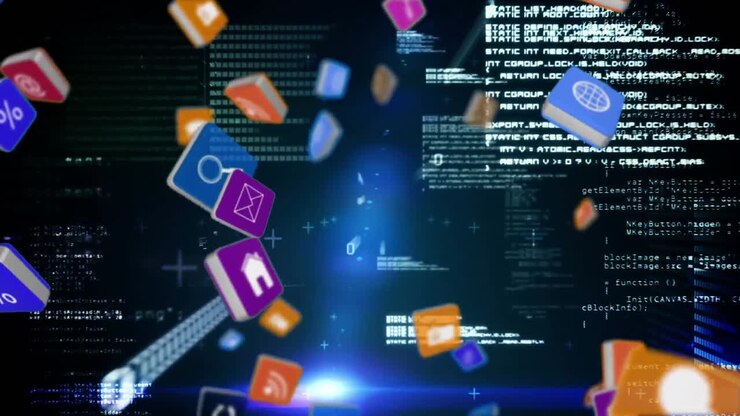Internet icons dropping on a background with program codes
