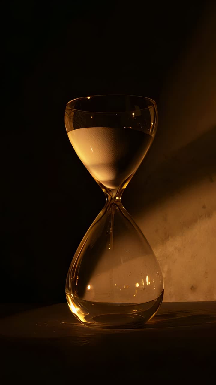 Vertical video: Starting top full, hourglass draining white sand on table, timing under warm light