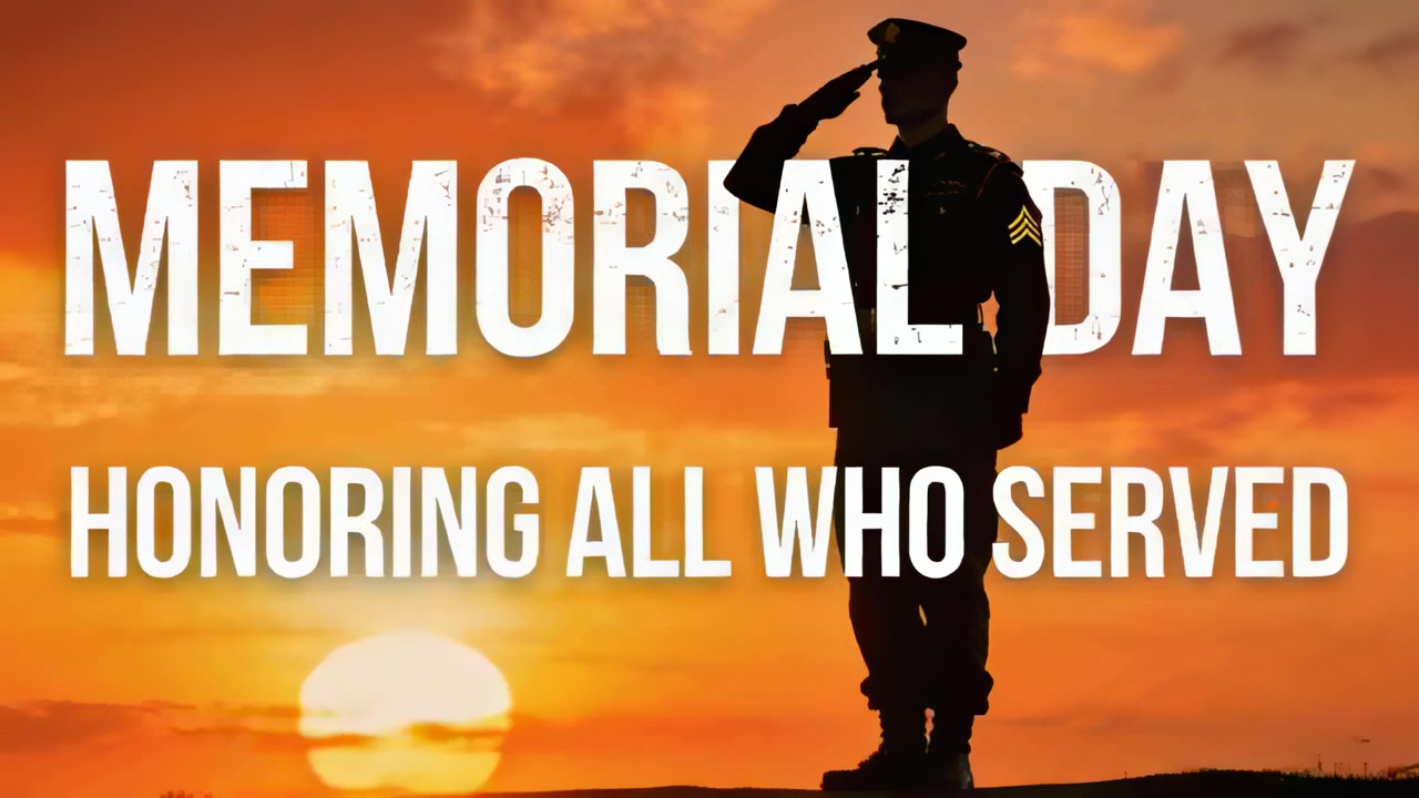 Saluting service member in dress uniform on ridge at sunset, MEMORIAL DAY HONORING ALL WHO SERVED