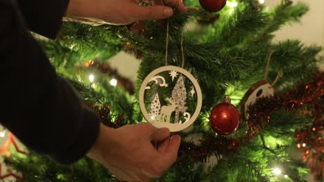 a man hanging a christmas ornament on the tree