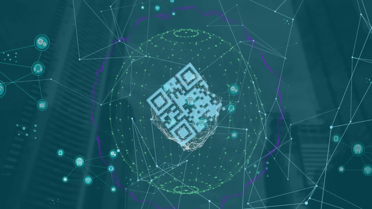 animación de códigos de barras en bucle con puntos y globos conectados sobre edificios modernos contra el cielo