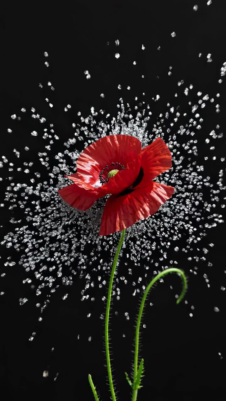 Close-up video of a red poppy with water droplets against a black background, captured from a low