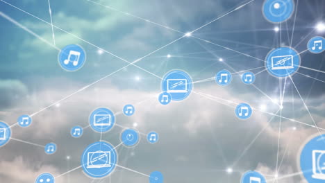 animación de redes de conexiones con iconos en el cielo