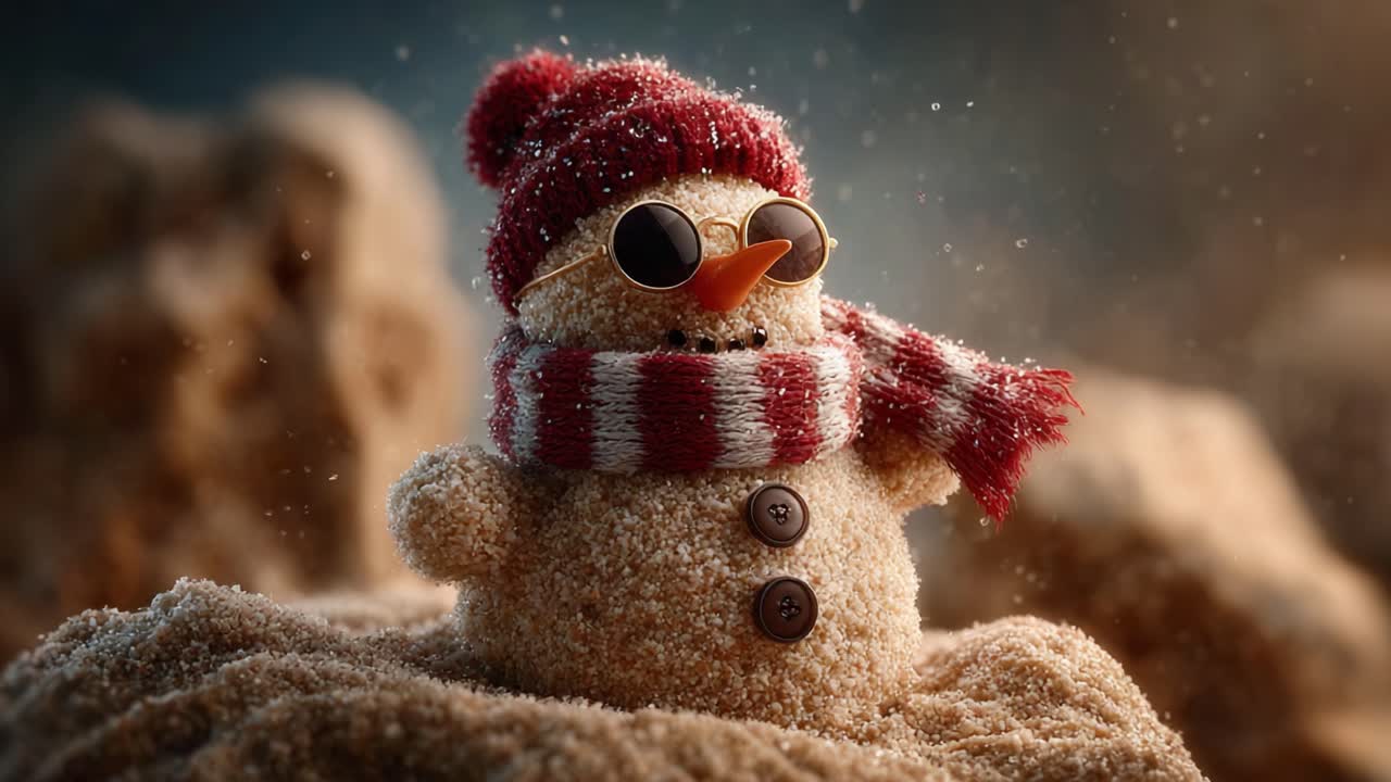 A Cheerful Sand Snowman Wearing Sunglasses and a Knit Hat, Captured in a Playful Winter Setting with Sparkling Snowflakes and a Warm, Fun Atmosphere