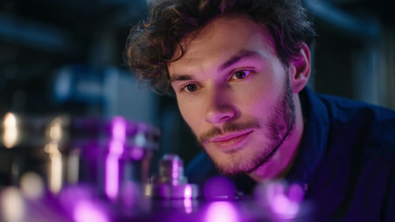 Focused Scientist Observing Cutting-edge Technology in a Laboratory Setting, Engaged in Complex Research with Vibrant Purple Lighting Enhancing the Atmosphere and Highlighting Innovative Equipment