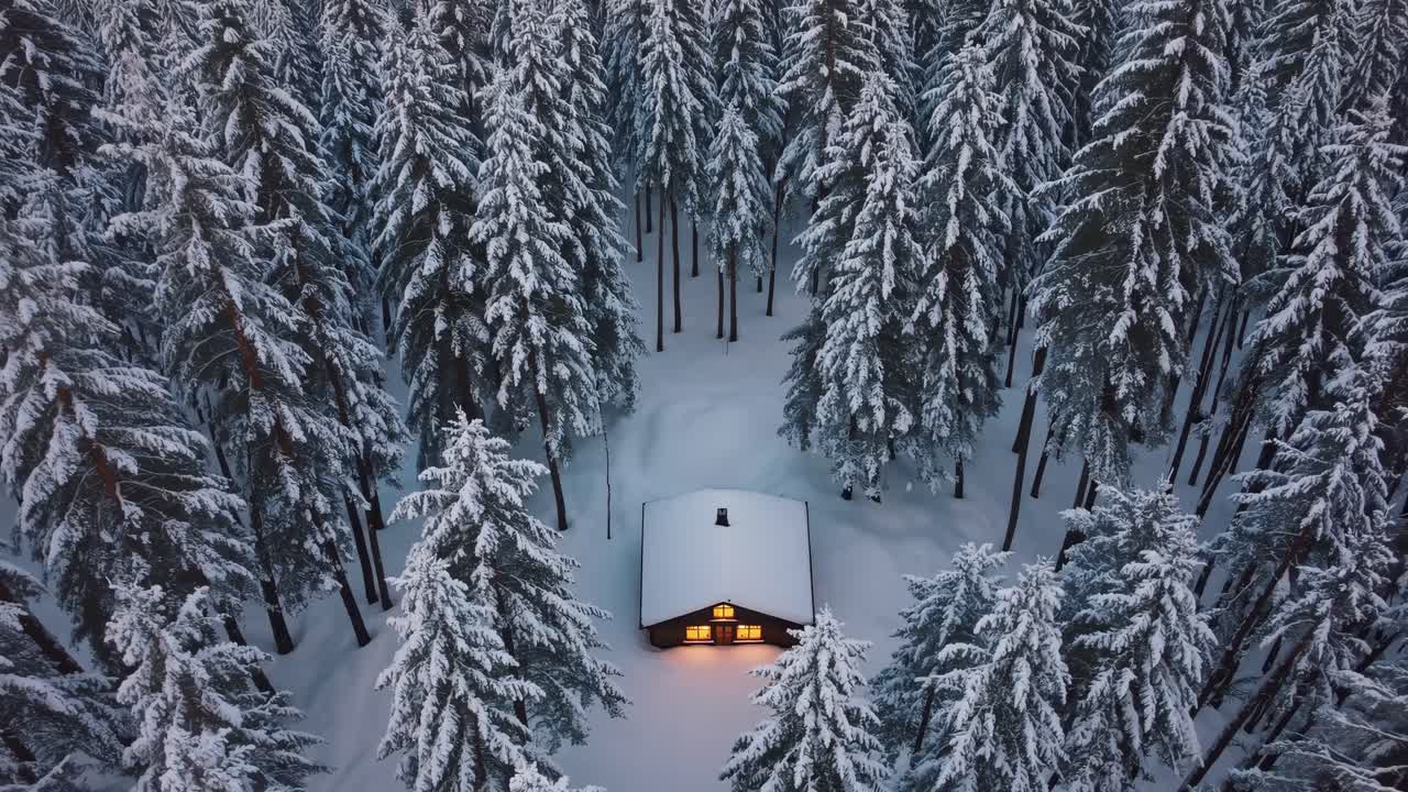 Aerial view of a cozy cabin nestled in a snowy forest, surrounded by tall pine trees