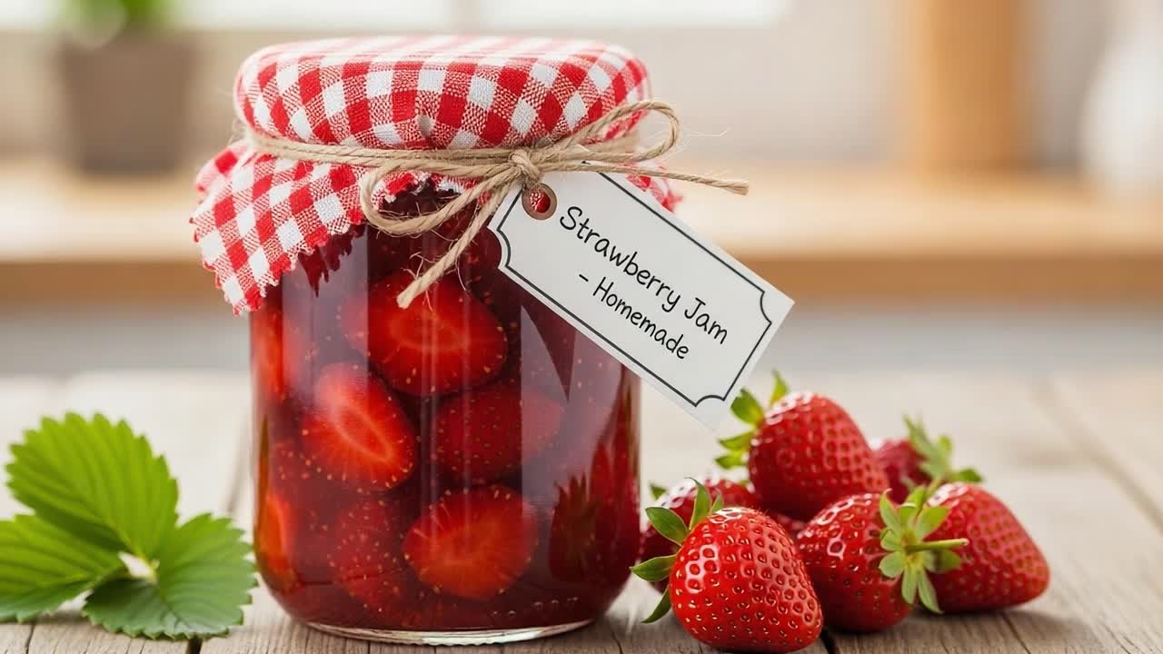 Delicious Homemade Strawberry Jam in a Jar with Fresh Strawberries and Charming Checkered Lid Perfect for Spreading on Toast or Enjoying with Scones