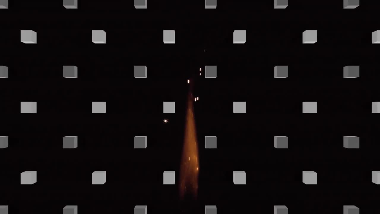 검은 바탕에 불꽃 위에 있는 큐브의 애니메이션