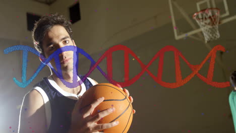 sosteniendo baloncesto, atleta con animación de cadena de adn sobre el fondo
