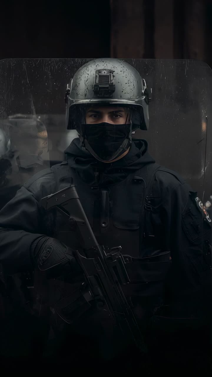 Vertical video: Recording armored officer armed holding riot shield in corridor preparing raid