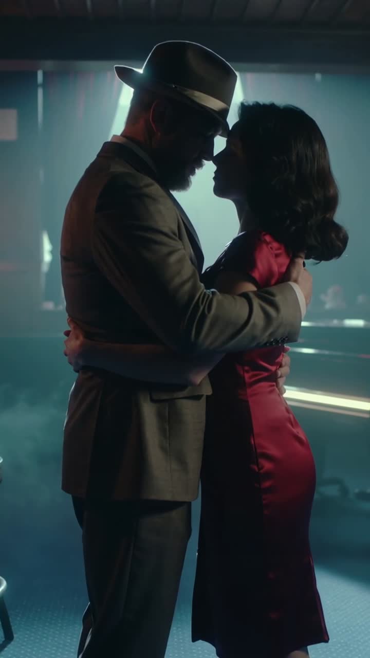 Video verticale: Uomo con fedora e donna in vestito rosso che si tengono in vita, si avvicinano cercando un abbraccio in un club