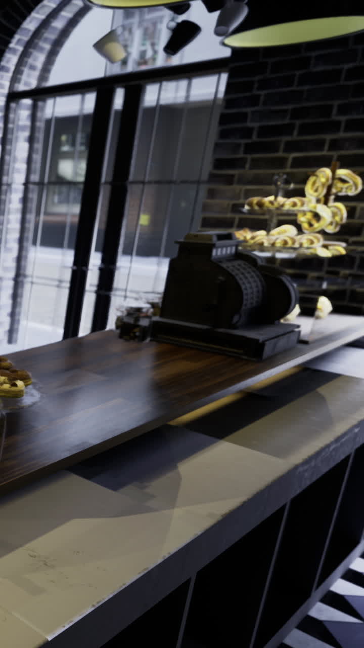 Interior de cafetería con un mostrador de repostería y una máquina de espresso.
