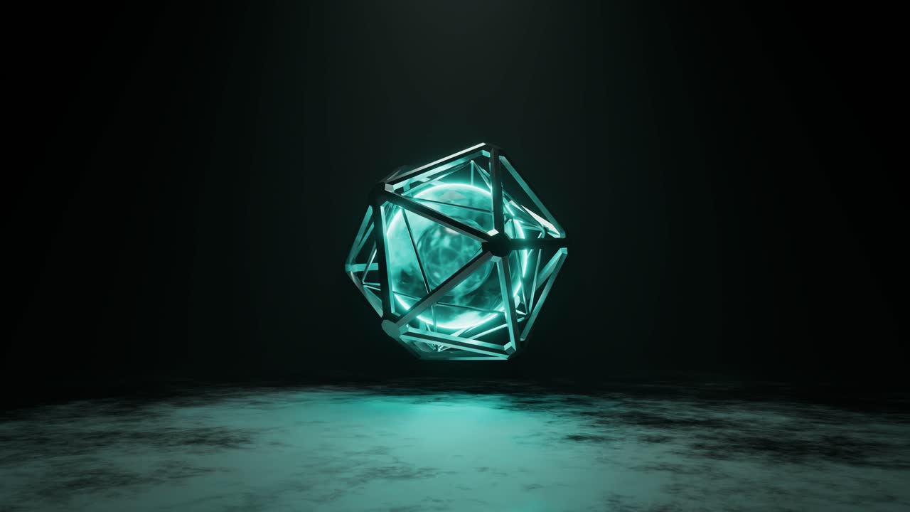 3D loop of glowing purple sphere in hexagon spinning in air