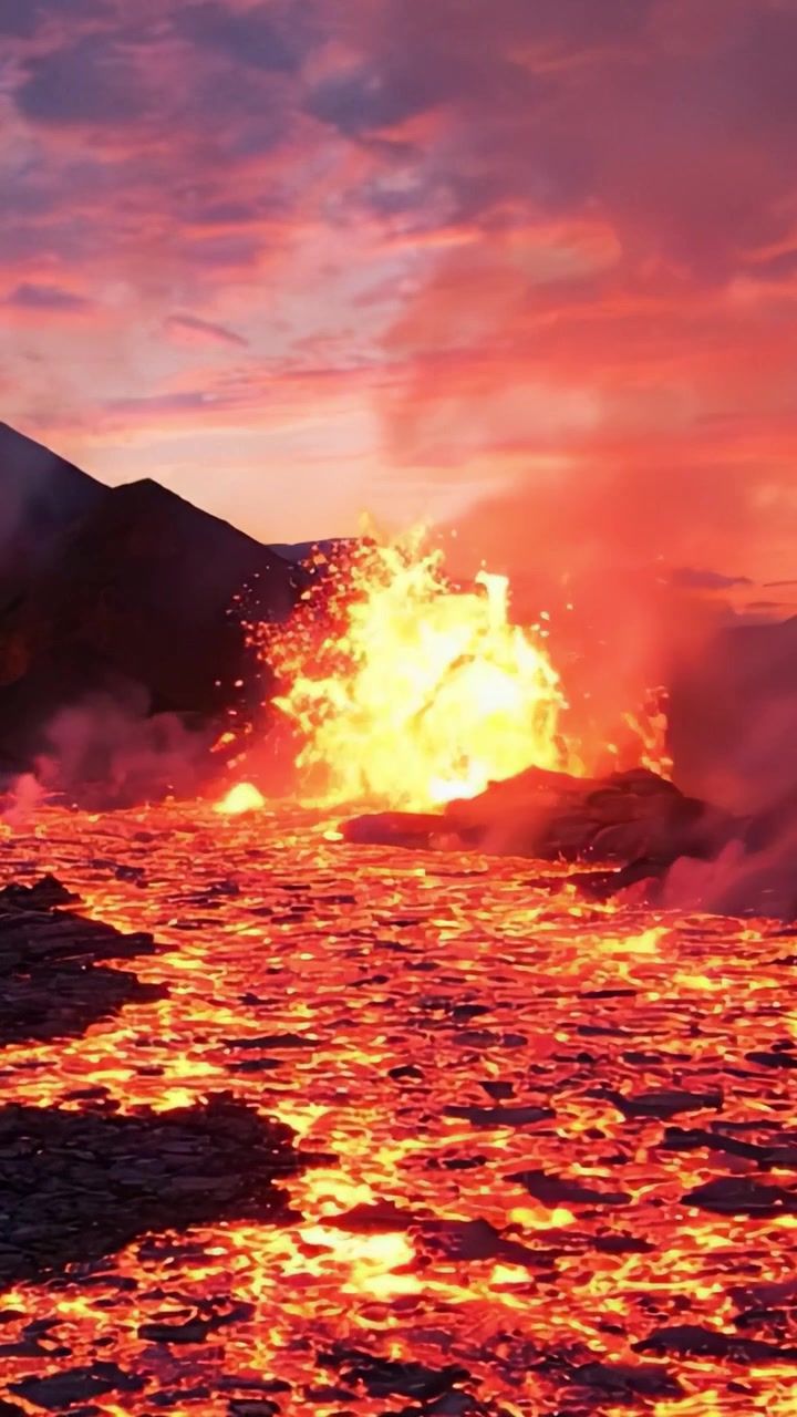 Majestic Flow of Lava Erupting from Volcanic Crater Illuminates the Sky with Fiery Glow, Creating Stunning Landscape of Natural Beauty and Power