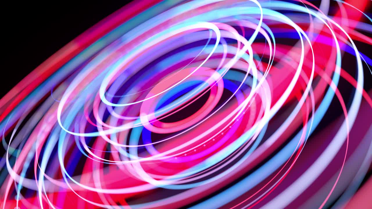 Light flow in ring structure, bg in 4k. Abstract looped background with light trails, stream of red blue neon lines in space form rings. Modern trendy motion design background. Light effect,