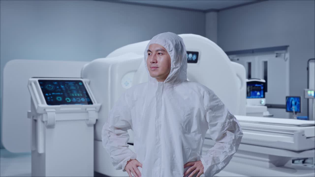Asian Male Scientist Putting Hands On His Hip And Looking Around With MRI Machine In The Hospital