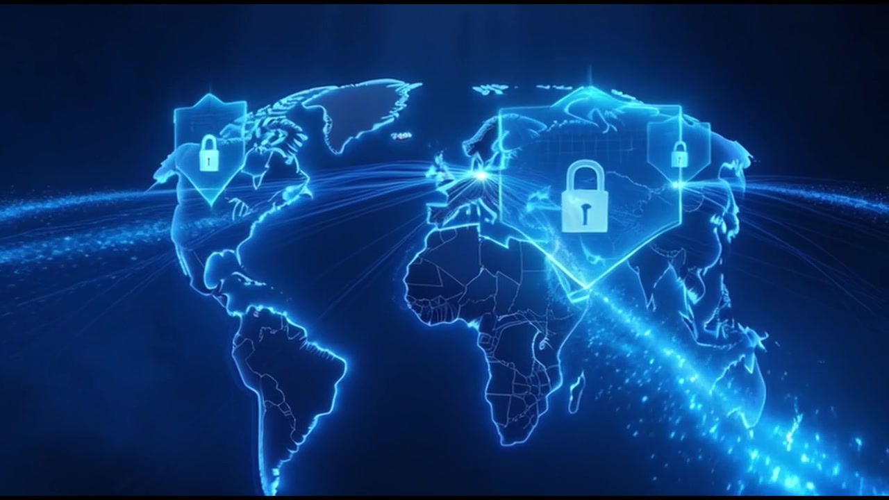 Digital World Map with Glowing Network Connections and Security Padlocks