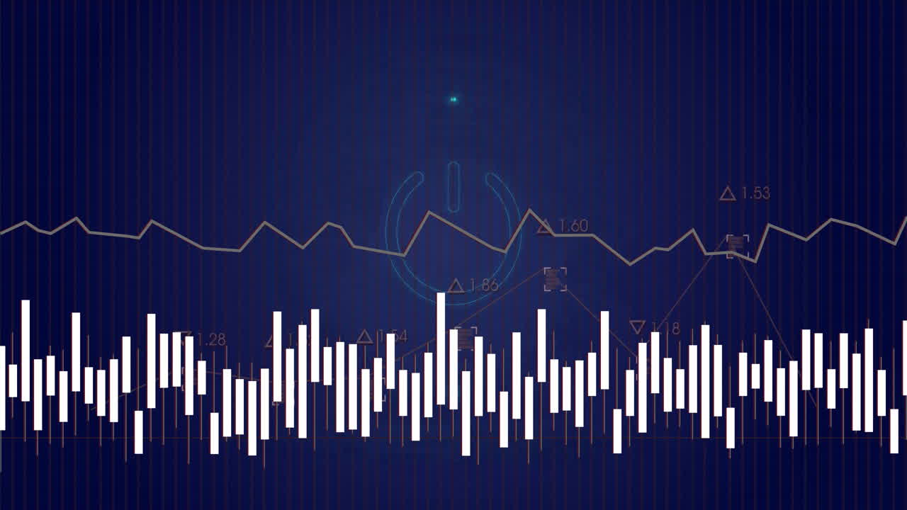 Dashboard animating white candlestick bars and line graph with triangular markers and power icon