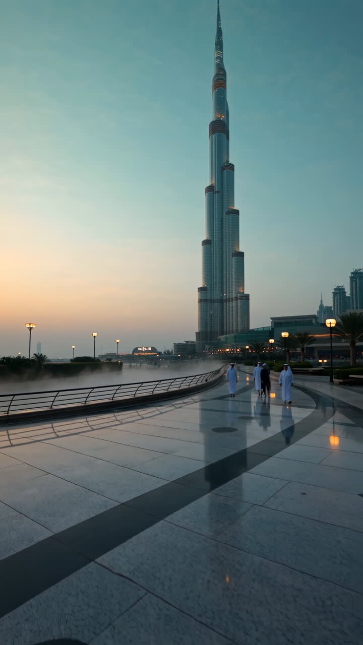 Burj Khalifa at Dusk with People on the Promenade
