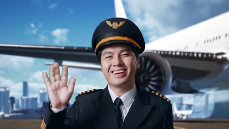 close up of asian man pilot smiling, waving hand and saying bye while standing in airfield with airplane on background