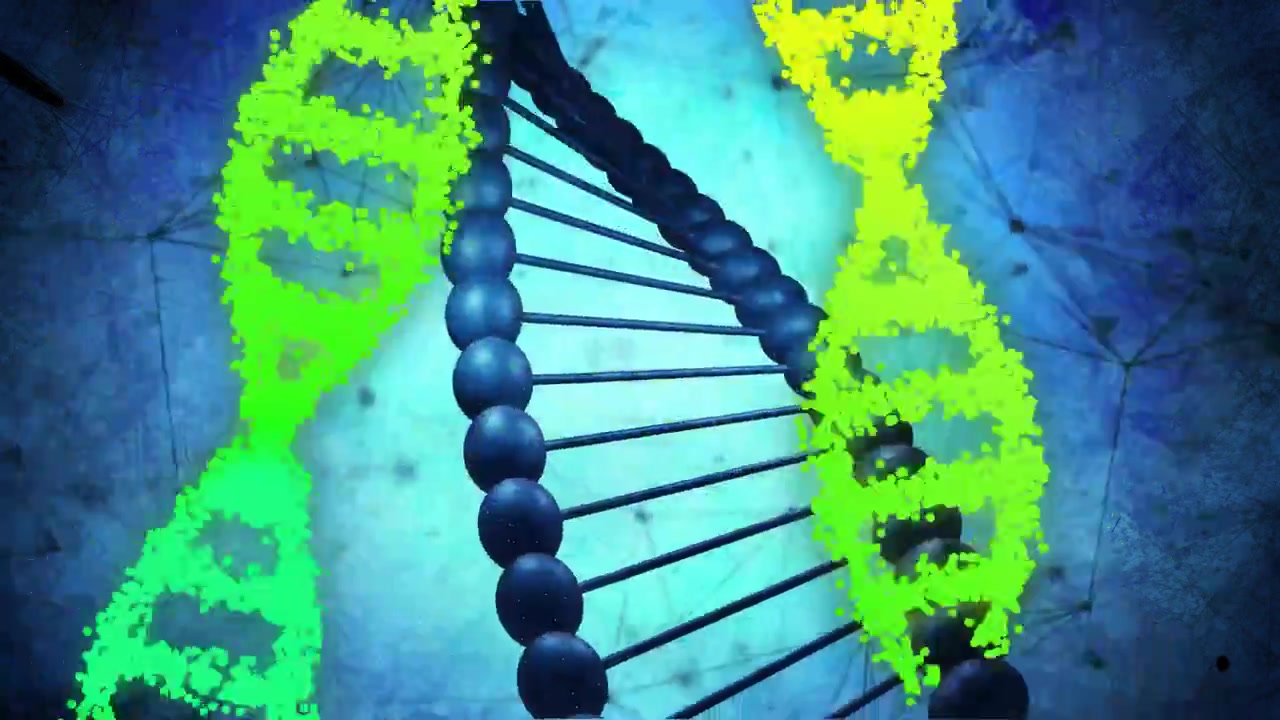 Neon particles rising, streaming into twin DNA ribbons while navy helix rotating up, showing genome