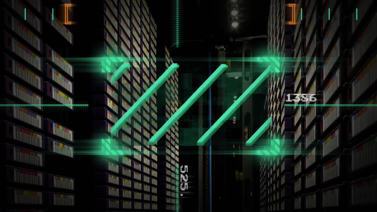 Animation of data processing and scanner over server room