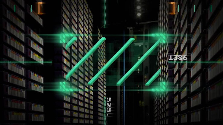 Animation of data processing and scanner over server room