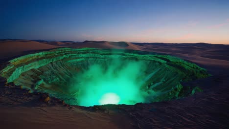 mysterious green glowing crater in a desert landscape at night