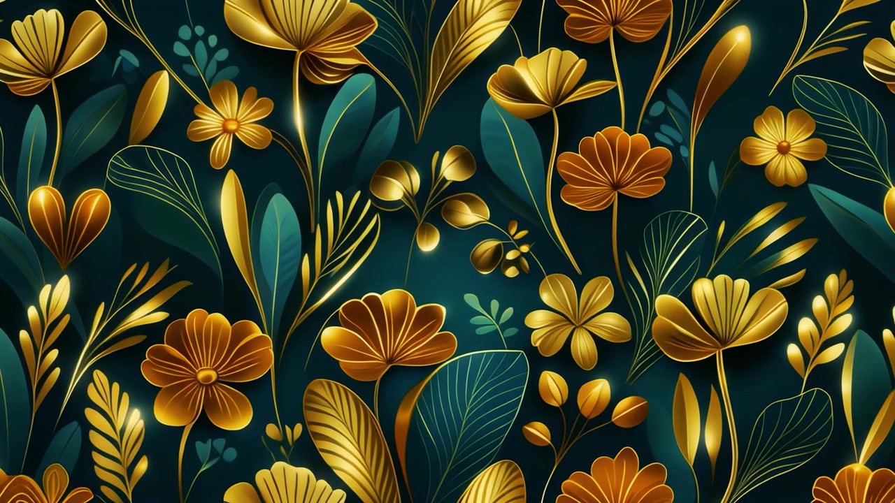 Motivo Senza Soluzione di Continuità di Fiori Dorati e Foglie Verde Acqua