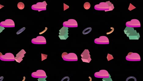 Animation-of-colourful-shapes-repeated-on-black-background