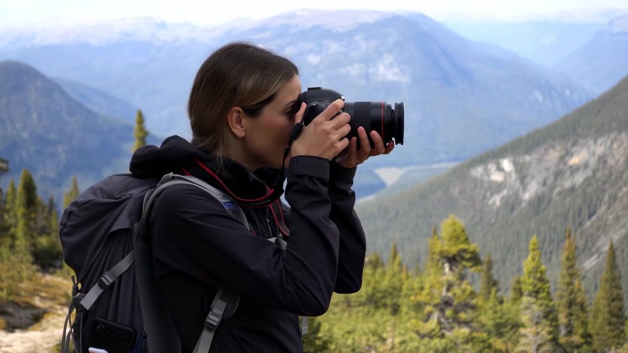 Una vista laterale mostra una donna che tiene saldamente una fotocamera all'altezza degli occhi mentre guarda montagne distanti, con alberi sempreverdi sottostanti, creste rocciose stratificate, luce diurna soffusa e un paesaggio aperto.