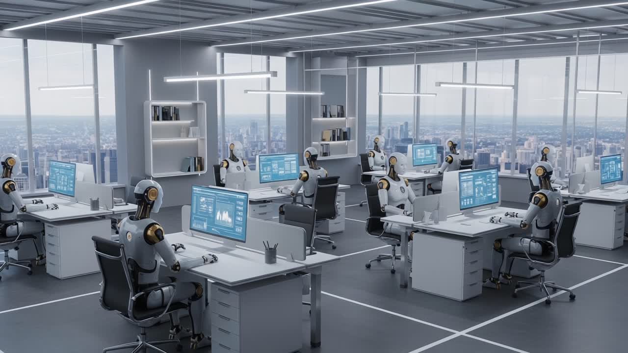 A Futuristic Office Environment Filled with Advanced Robotic Assistants Working at Modern Desks and Utilizing High-Tech Computer Screens to Manage Tasks
