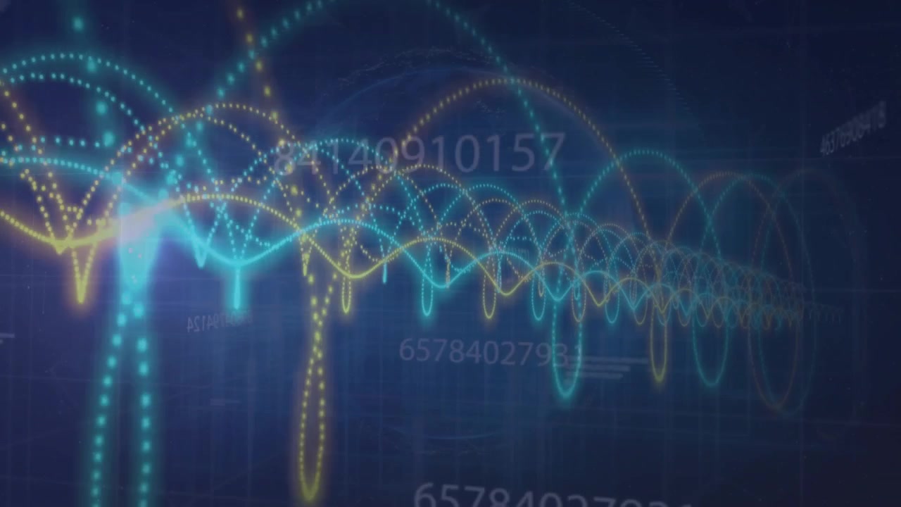 Particles moving inward, converging into cyan amber waveforms scrolling numbers for analytics