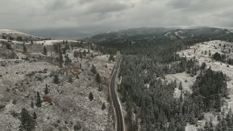 Scenic-Paved-Road-Along-Sawtooth-National-Forest-During-Winter-In-Sun-Valley,-Idaho,-USA