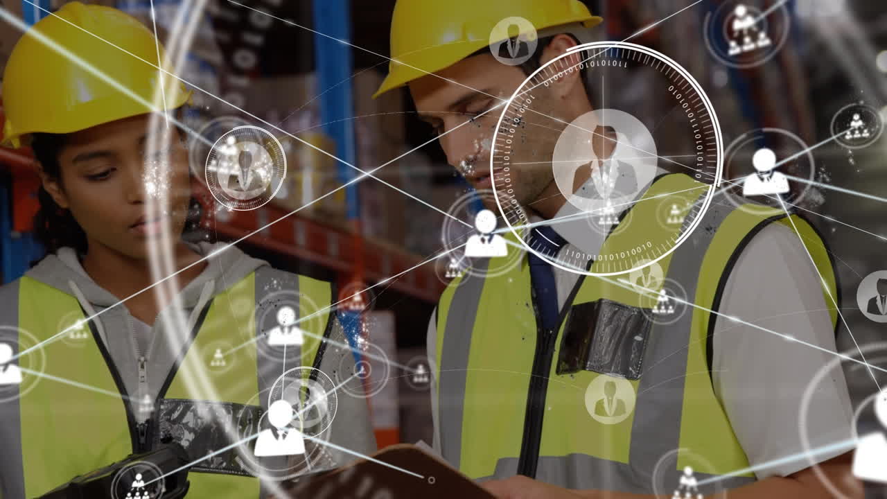 animación de la red de conexiones con iconos sobre dos trabajadores de almacén diversos