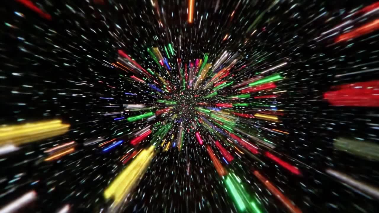 En fængslende rejse gennem en farverig kosmisk lystunnel, der viser en betagende visuel eksplosion af levende farver i en hypnotisk bevægelsesspiral