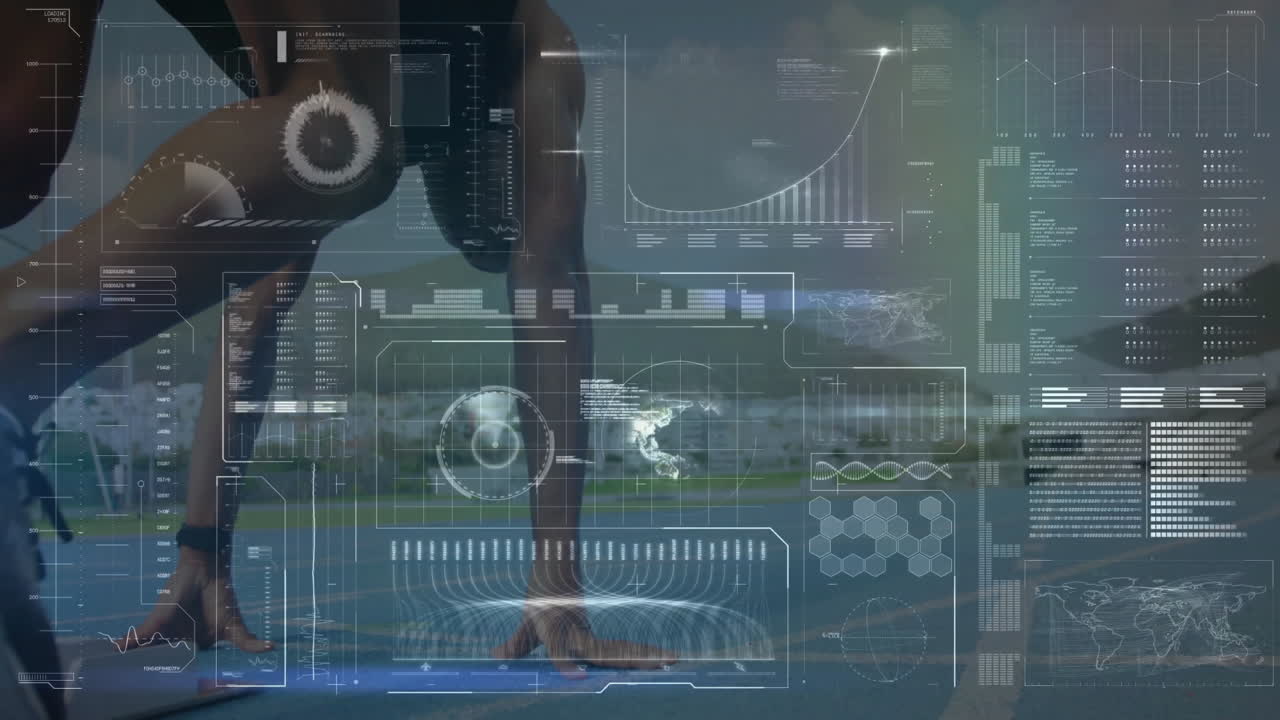 male athlete launching from starting blocks on track, displaying animated sports tech data overlays